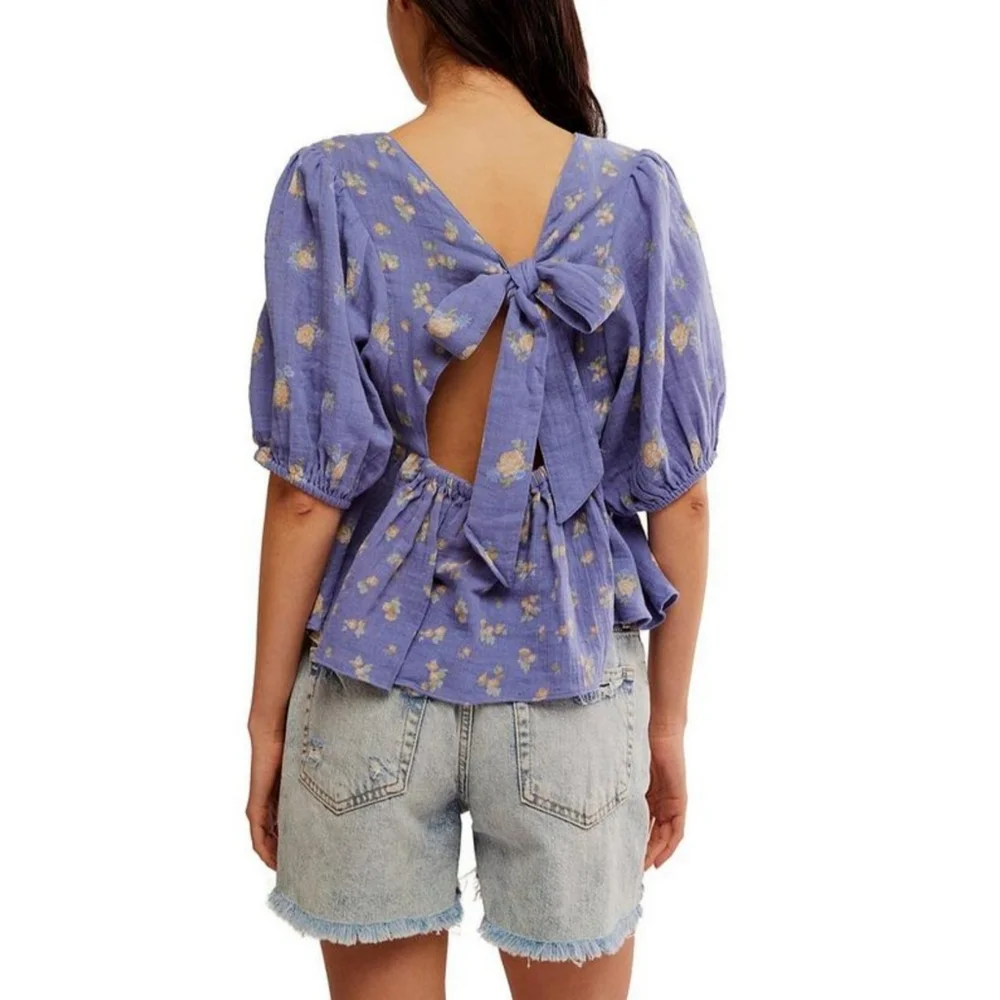 Free People Chloe Printed Top In Indigo‎ Combo Open Back Wonens Size XL